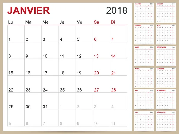 French Calendar 2018 — Stock Vector