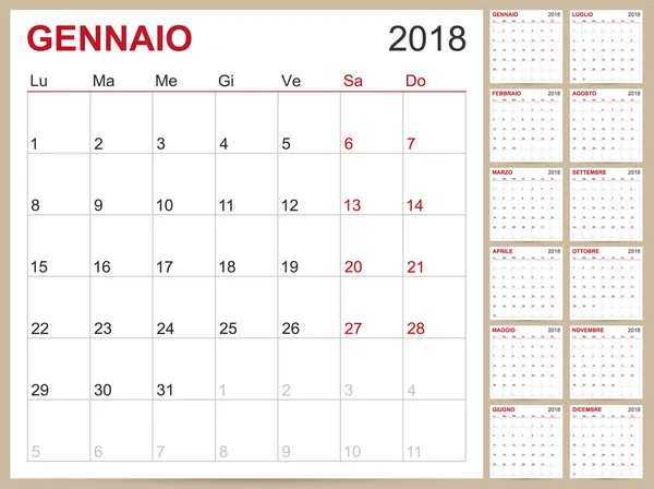 Calendario italiano 2018 — Archivo Imágenes Vectoriales