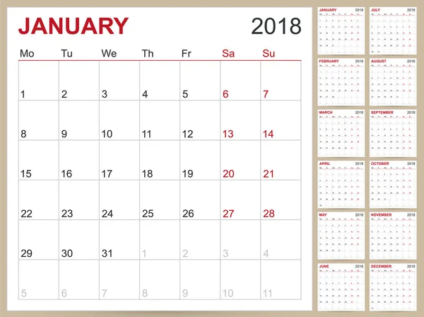 Calendario Inglés 2018 — Archivo Imágenes Vectoriales