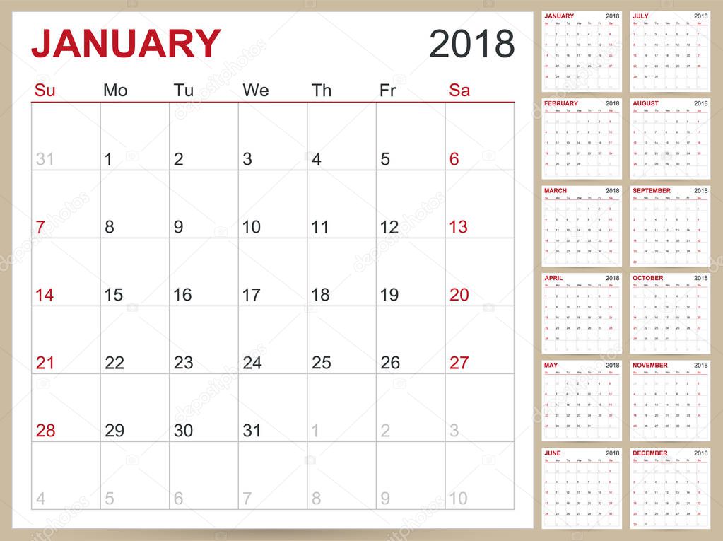 English calendar template for year 2018, set of 12 months, week starts on Sunday, printable calendar templates