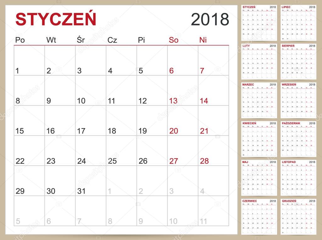 Polish Calendar Template For Year 18 Set Of 12 Months Week Starts On Monday Printable Calendar Templates Premium Vector In Adobe Illustrator Ai Ai Format Encapsulated Postscript Eps Eps Format