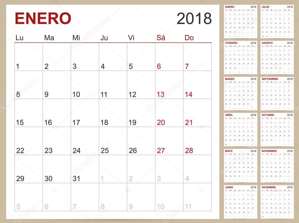 Spanish calendar template for year 2018, set of 12 months, week starts on Monday, printable calendar templates