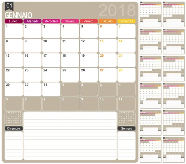 Calendario italiano 2018 — Archivo Imágenes Vectoriales