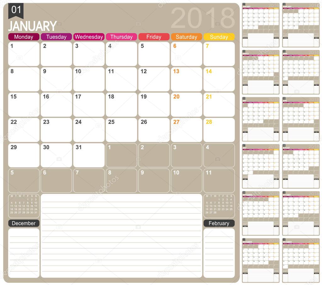 English calendar template for year 2018, set of 12 months, week starts on Monday, printable calendar templates