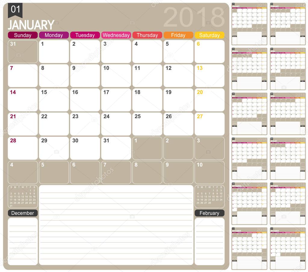 English calendar template for year 2018, set of 12 months, week starts on Sunday, printable calendar templates