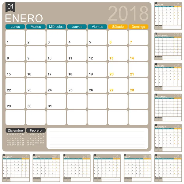 Hiszpański kalendarz 2018 r. — Wektor stockowy