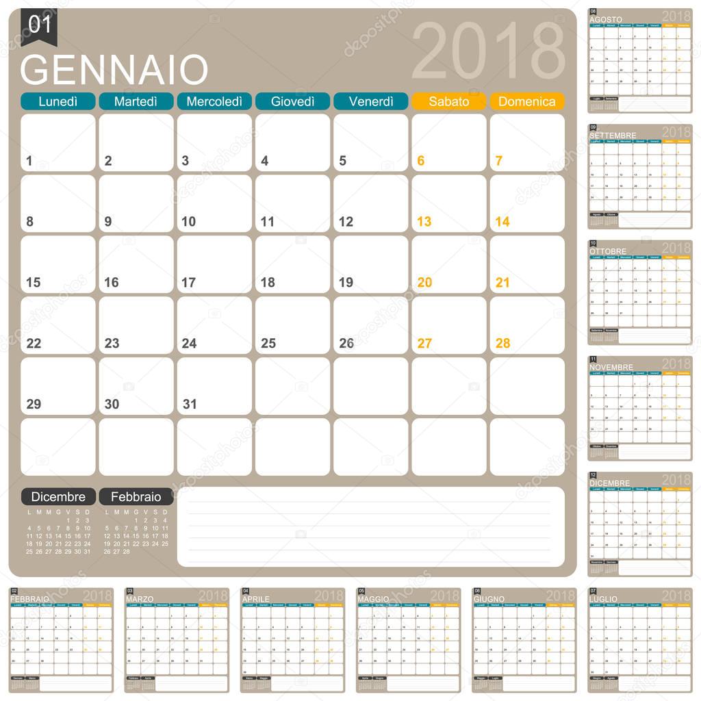 Italian calendar template for year 2018, set of 12 months, week starts on Monday, printable calendar templates