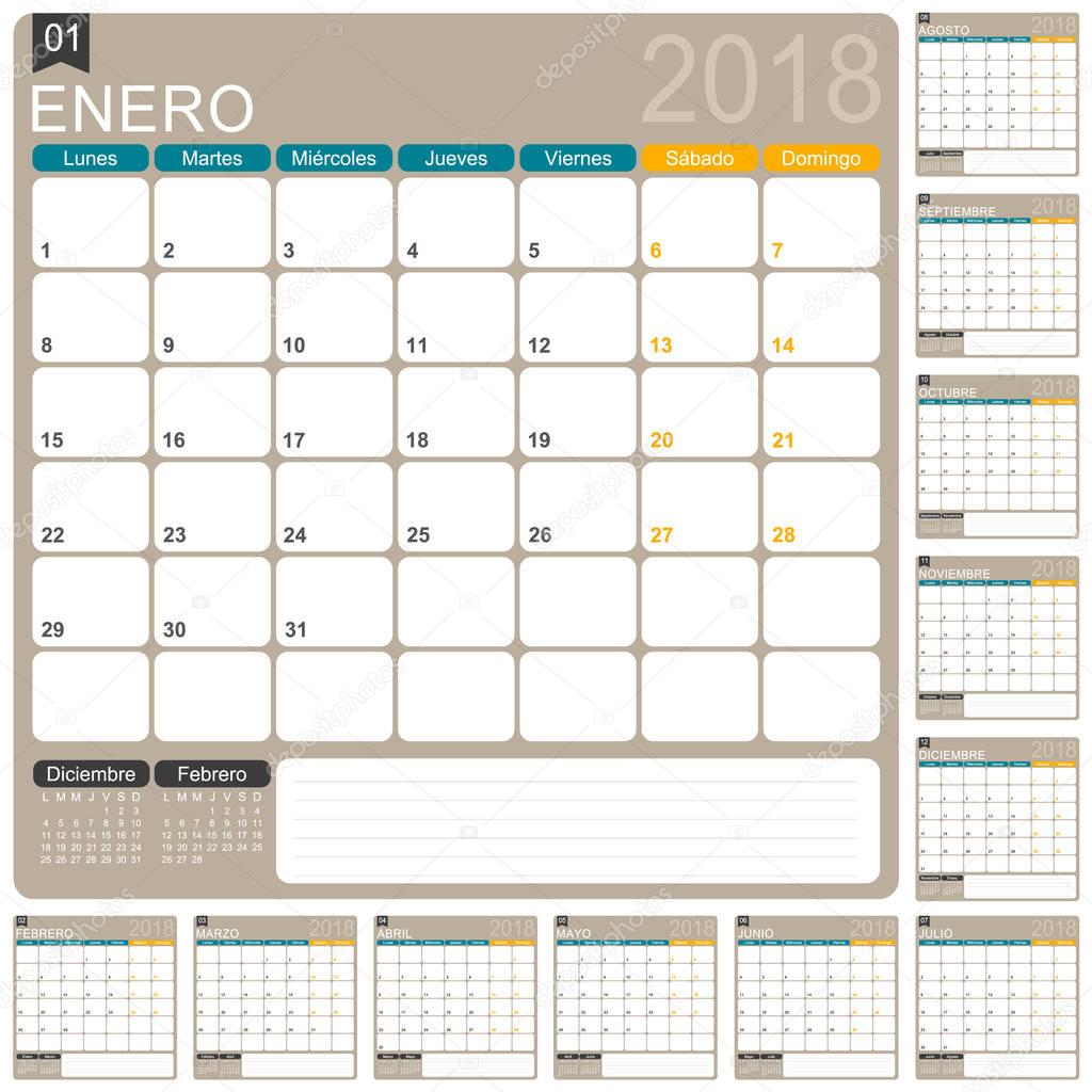 Spanish calendar template for year 2018, set of 12 months, week starts on Monday, printable calendar templates