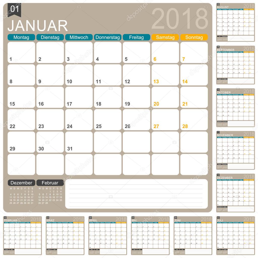 German calendar template for year 2018, set of 12 months, week starts on Monday, printable calendar templates
