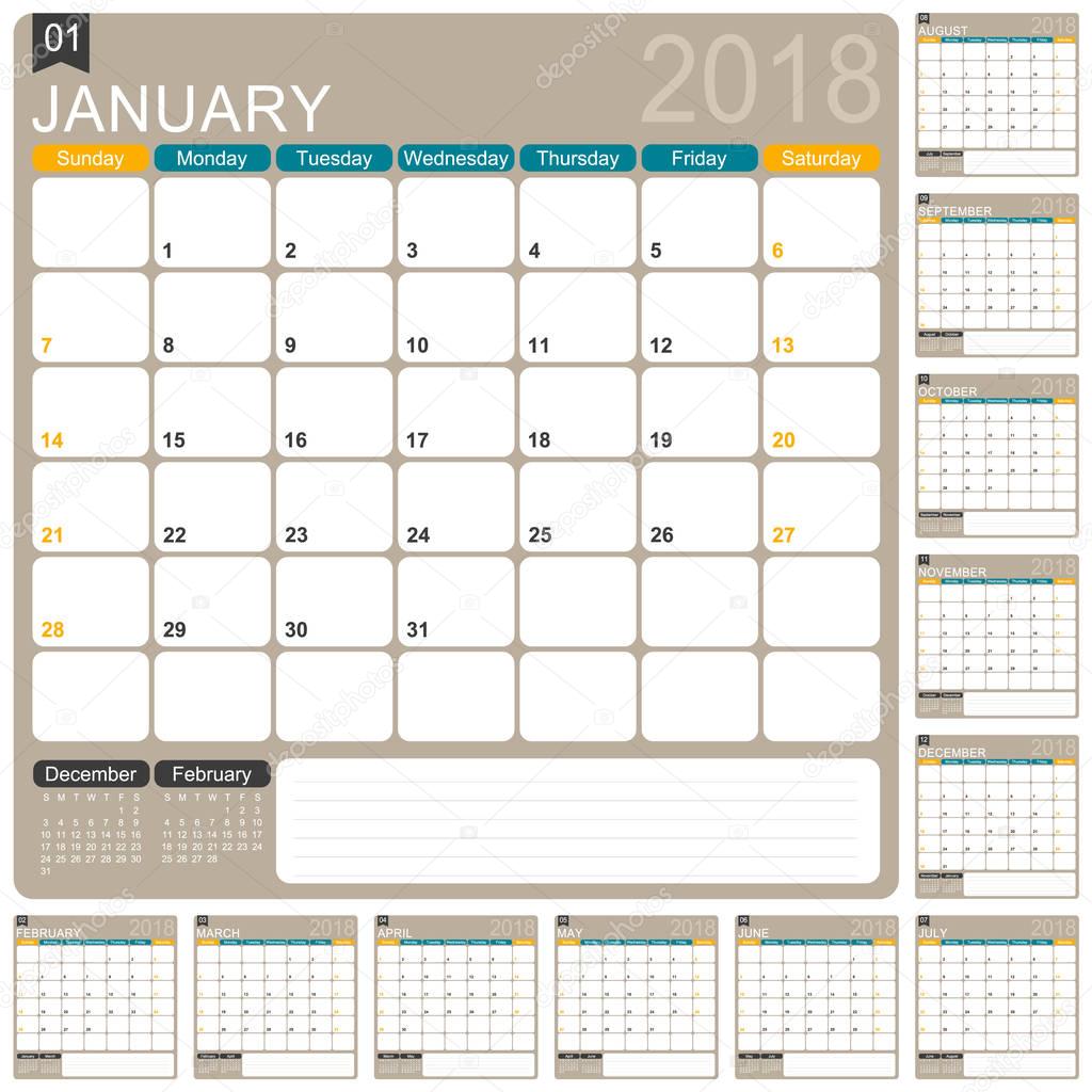 English calendar template for year 2018, set of 12 months, week starts on Sunday, printable calendar templates