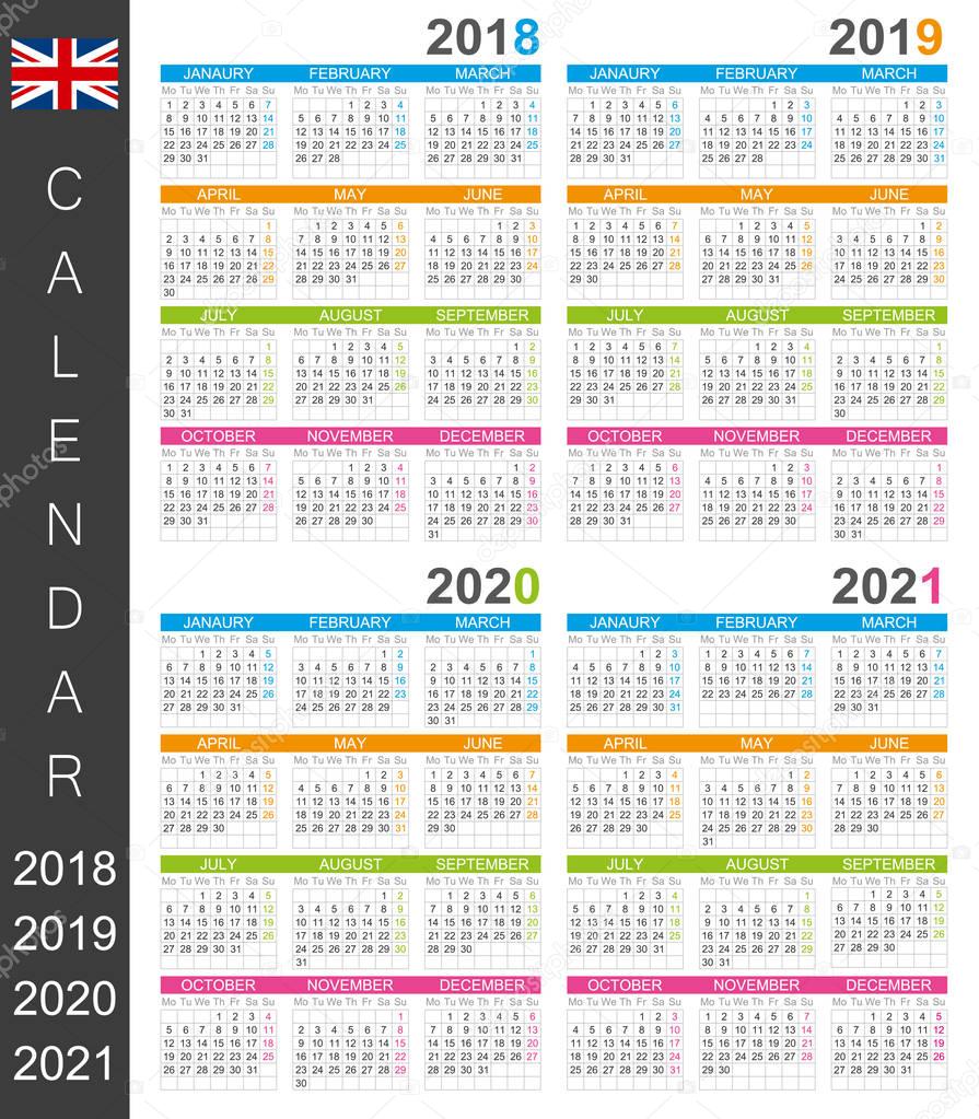 English calendar template for years 2018, 2019, 2020, 2021, week starts on Monday.