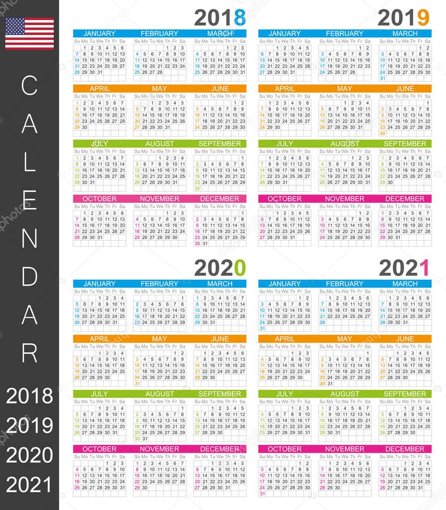 English calendar template for years 2018, 2019, 2020, 2021, week starts on Sunday.