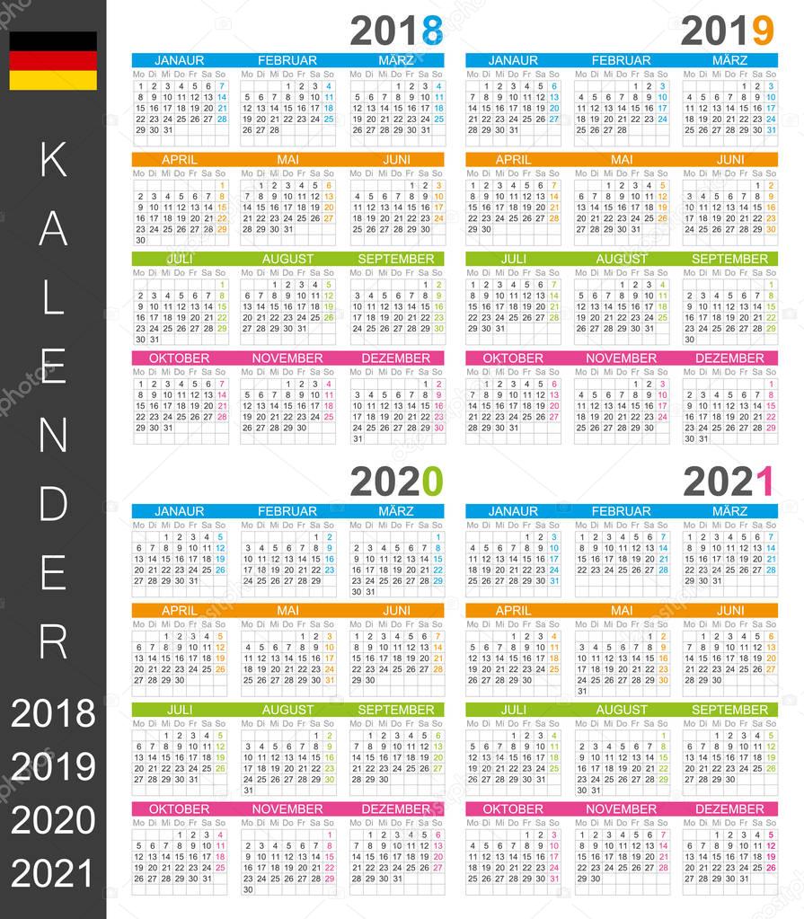 German calendar template for years 2018, 2019, 2020, 2021, week starts on Monday.