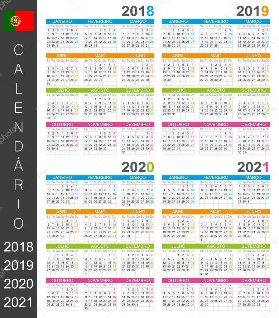 Portuguese calendar template for years 2018, 2019, 2020, 2021, week starts on Monday.