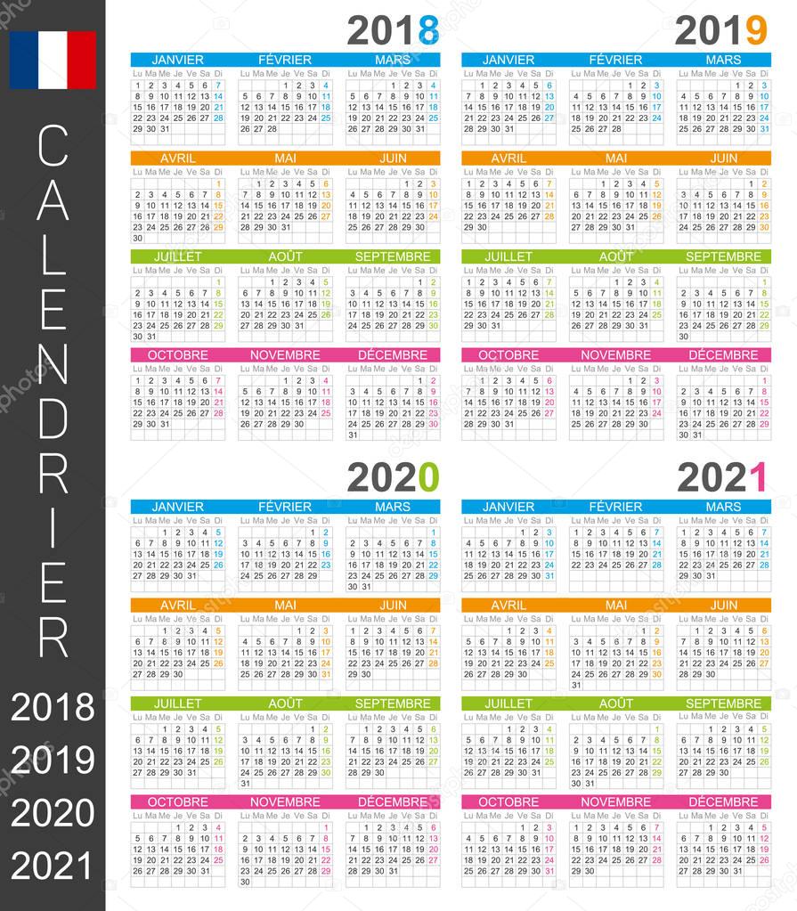 French calendar template for years 2018, 2019, 2020, 2021, week starts on Monday.