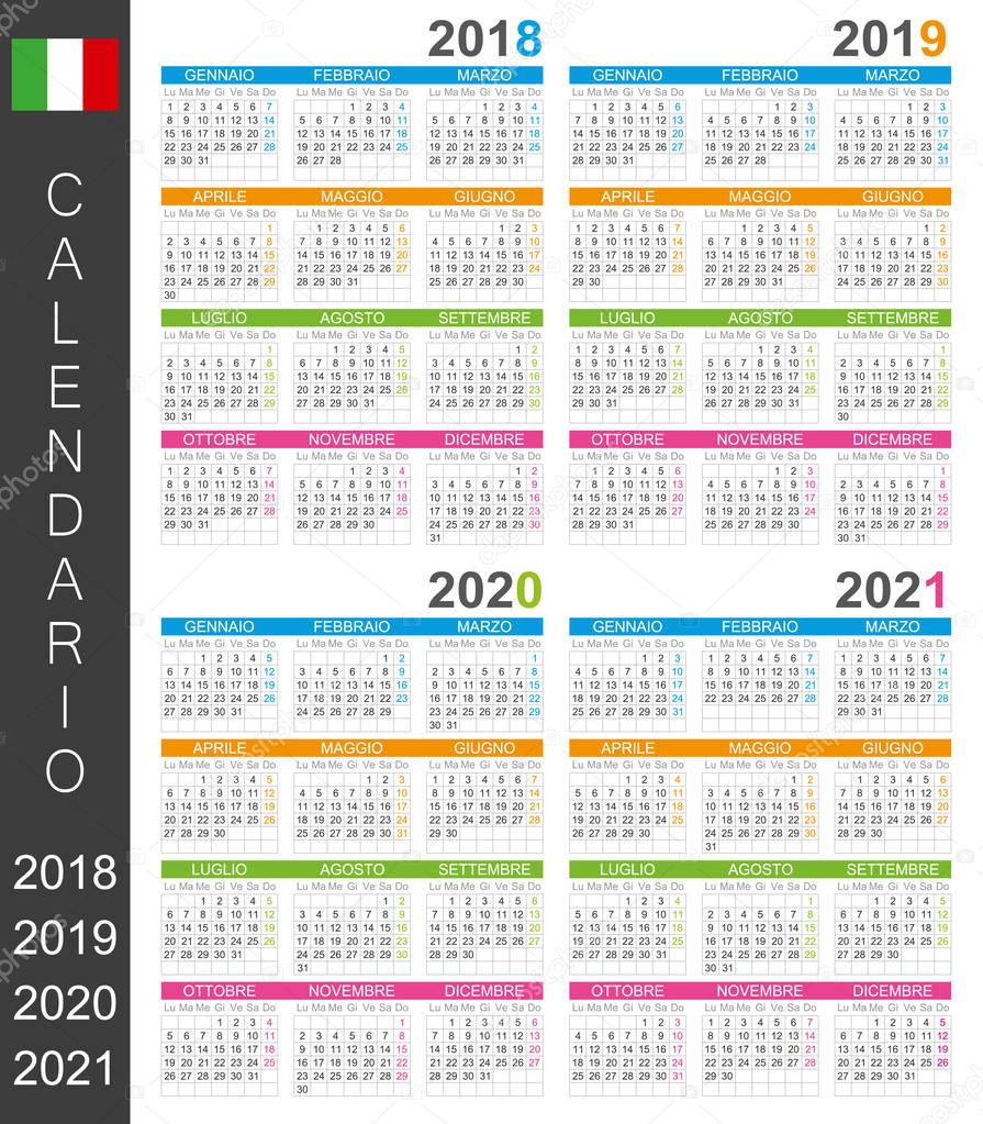 Italian calendar template for years 2018, 2019, 2020, 2021, week starts on Monday.