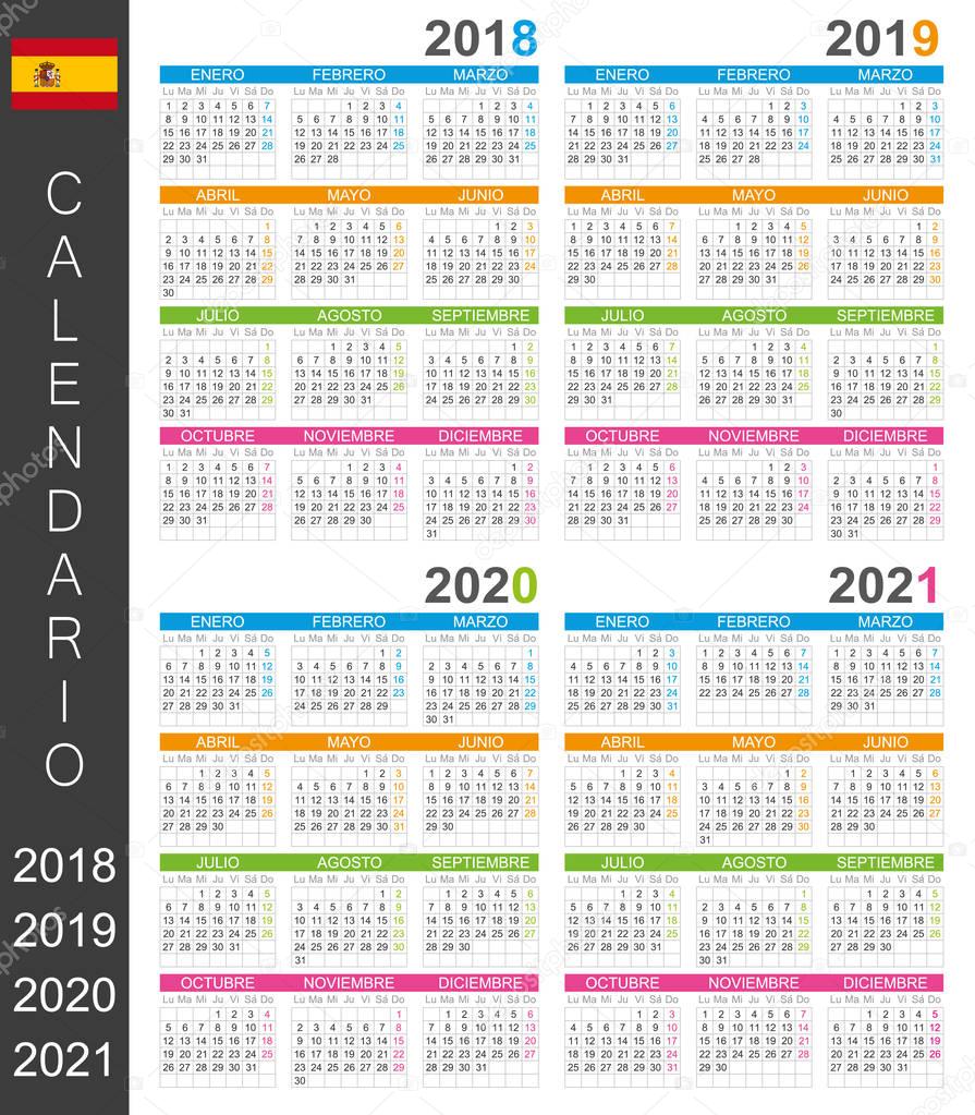 Spanish calendar template for years 2018, 2019, 2020, 2021, week starts on Monday.
