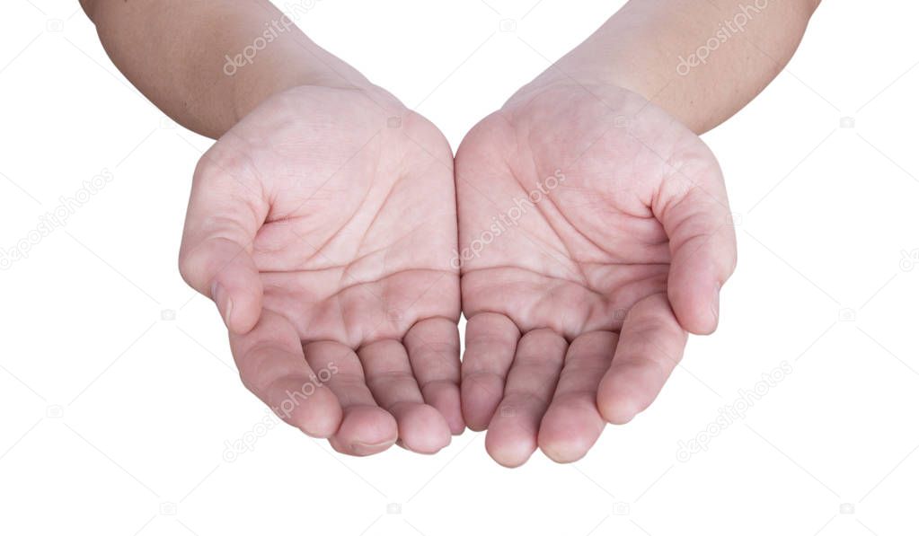 Outstretched human hands on white background