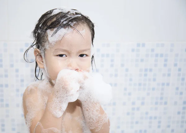 Funny Baby Hands Soapy Foam Mouth Bath — Stock Photo, Image