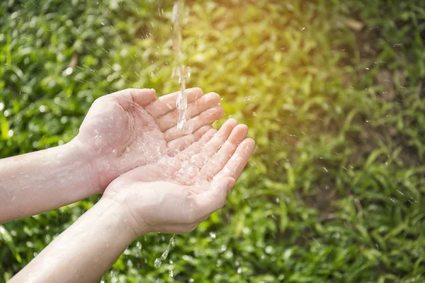 Water gieten in handen op groen gras — Stockfoto