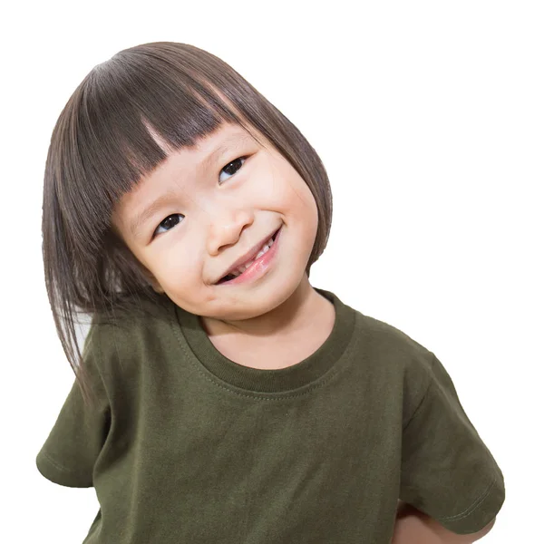 Retrato de pouco bonito menina asiática, sorriso e expressão feliz isolado no fundo branco — Fotografia de Stock