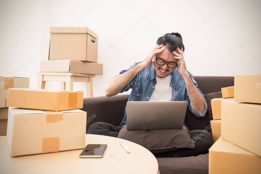 Stress man with pile of boxes, SME delivery fail concept