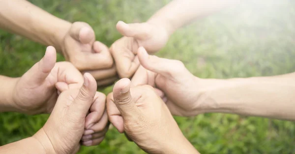 Händer Visar Tecken Väl Över Grönt Gräs Bakgrund — Stockfoto