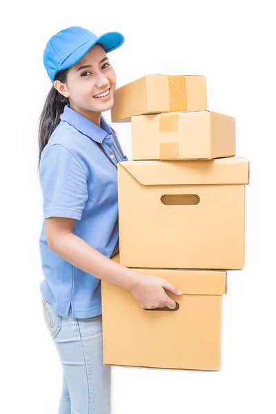 Retrato Feliz Entrega Ásia Mulher Azul Forma Segurando Papelão Caixas — Fotografia de Stock