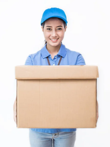Retrato Feliz Entrega Ásia Mulher Azul Forma Segurando Caixa Papelão — Fotografia de Stock