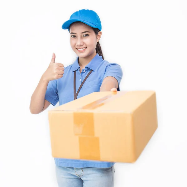 Retrato Feliz Entrega Ásia Mulher Azul Forma Segurando Papelão Caixas — Fotografia de Stock