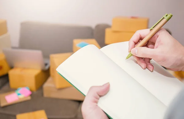 Close Hands Holding Pen Writing Book Home Office — Stock Photo, Image