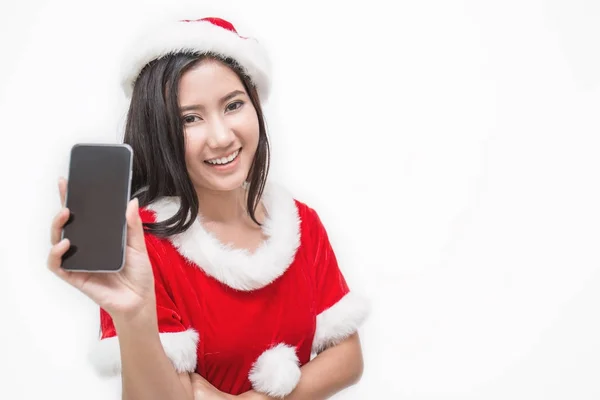 Portret Van Aziatische Mooie Vrouw Draagt Santa Kostuum Bedrijf Smartphone — Stockfoto