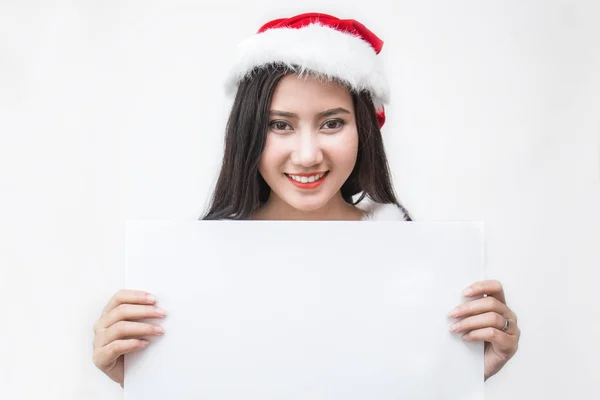 Porträt Einer Schönen Asiatischen Frau Weihnachtsmannkostüm Die Papier Isoliert Auf — Stockfoto