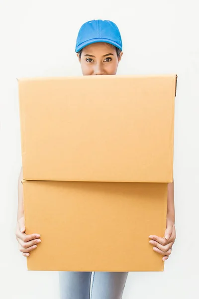 Mavi Formunda Büyük Karton Kutu Beyaz Arka Plan Üzerinde Izole — Stok fotoğraf