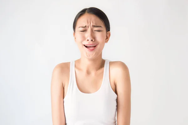 Retrato Belleza Joven Mujer Asiática Camiseta Blanca Con Cara Divertida — Foto de Stock