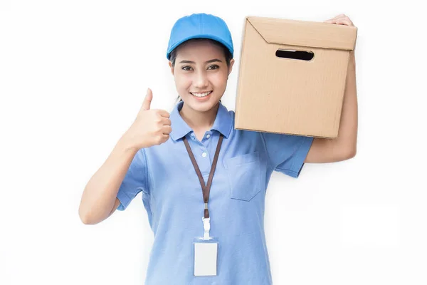 Portret Kobiety Azjatki Szczęśliwy Dostawy Formie Niebieski Trzymając Karton Białym — Zdjęcie stockowe