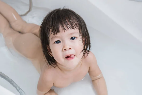 Happy Asian Babe Playing Bath Looking Camera — Stock Photo, Image