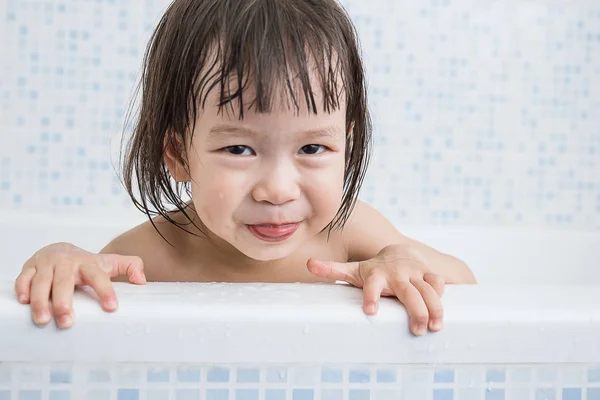 Happy Asian Babe Playing Bath Looking Camera — Stock Photo, Image