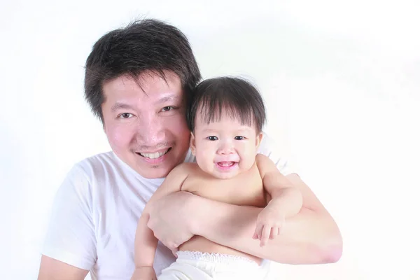 Retrato Pai Filha Asiática Isolado Fundo Branco — Fotografia de Stock