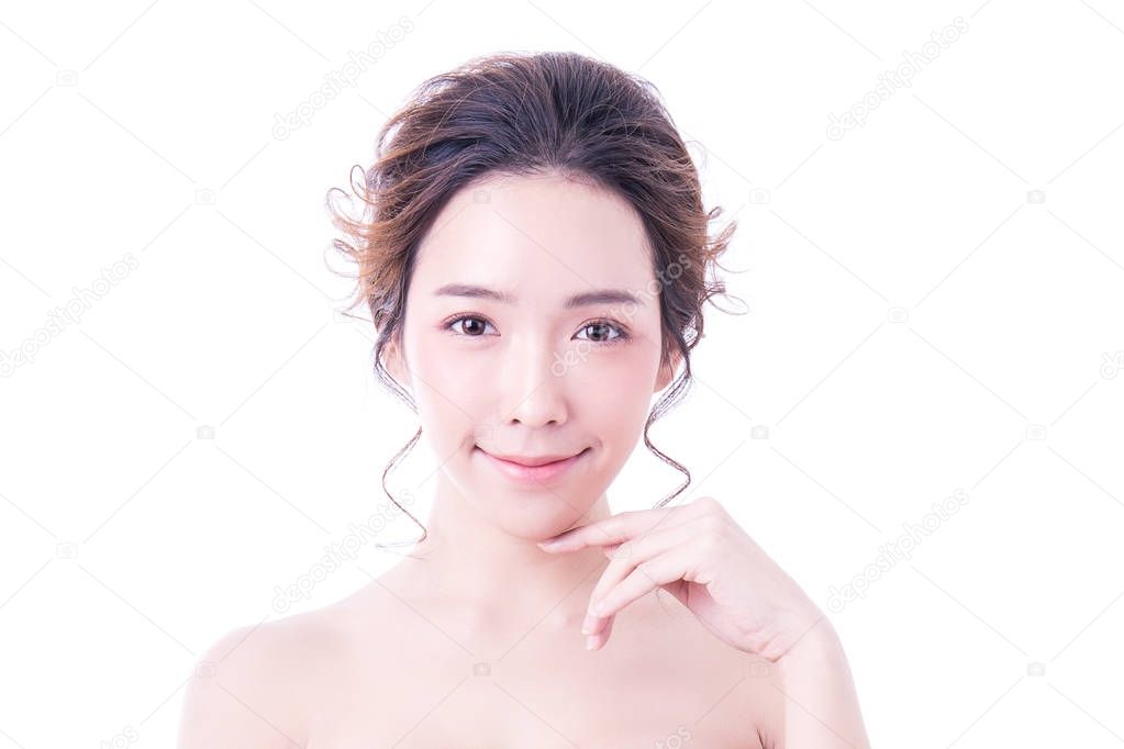 Portrait of beautiful asian woman posing at camera isolated on white background