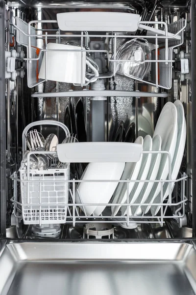 Open Dishwasher Front View Clean Plates Cups Glasses Cutlery Dishwasher — Stock Photo, Image