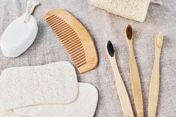 Natural set for bathing bamboo toothbrushes,  luffa spongle and — Stock Photo, Image