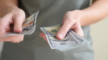 Kağıt para sayan bir kadın. Ud dolar banknotları ellerde. Başarı ve zenginlik iş konsepti. Kadın satın alınacak parayı sayar.