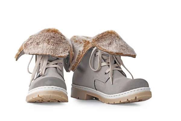 Pár zimní dámské boty na bílém pozadí izolované — Stock fotografie