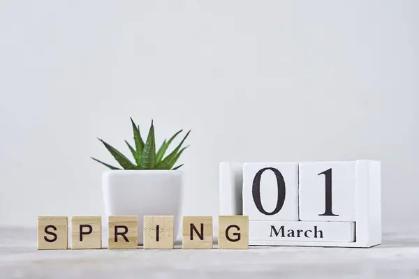 木块日历,日期为3月1日,放置在桌子上.春天的概念 — 图库照片