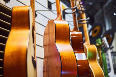 Mağazada klasik akustik gitarlar var.