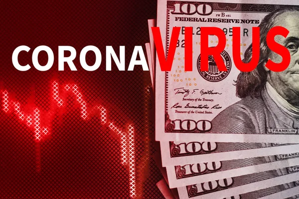 Coronavirus Covid-19 'un küresel ekonomi üzerindeki etkisi, finansal kriz. Piyasa fiyat grafikleri ve koyu arkaplanda Coronavirus yazısıyla Usd dolar banknotları