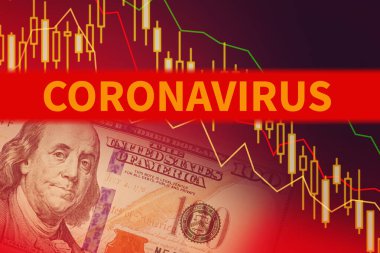 Covid-19 virüsüne bağlı küresel ekonomik ve finansal kriz. Amerikan doları banknotları, borsa grafiği ve karanlık arka planda yazım koronavirüsü.