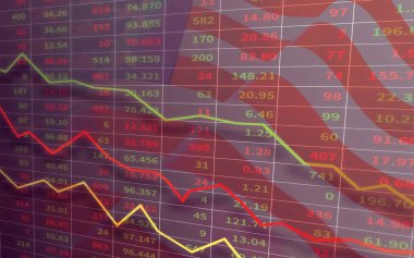 Ekonomik ve finansal kriz konsepti. Borsa grafikleri ve Amerikan bayrağına karşı kara arka planda Amerikan doları