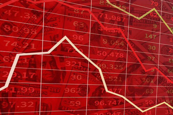 Economic and financial crisis concept. Stock market graphs and charts with a downtrend and currency quote